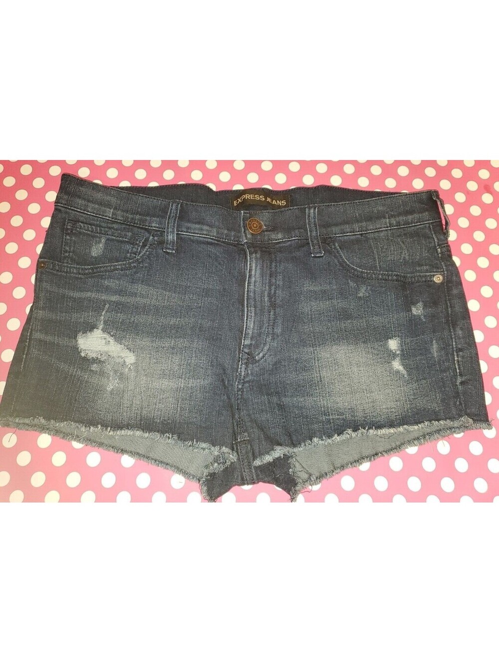 EXPRESS JEANS DARK BLUE DISTRESSED CUT OFF JEAN SHORTS SIZE 12